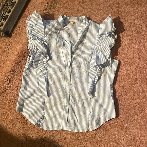 Blue Stripe Button Up Tank Top with Ruffle Shoulder - Picture 1 of 6